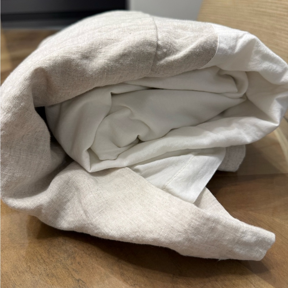 Pottery Barn White and Tan Linen Bed Skirt - Picture 2 of 6